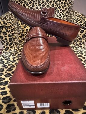 Mezlan Cognac Brown Textured Leather Lizard Bit Loafers